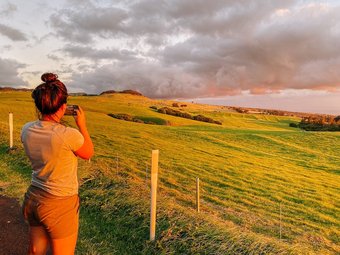 taking sunset pictures on grasslands on Kohala