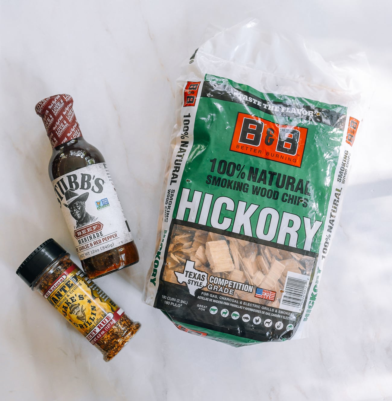 Stubbs marinade, Jake's grillin beef rub, and hickory chips