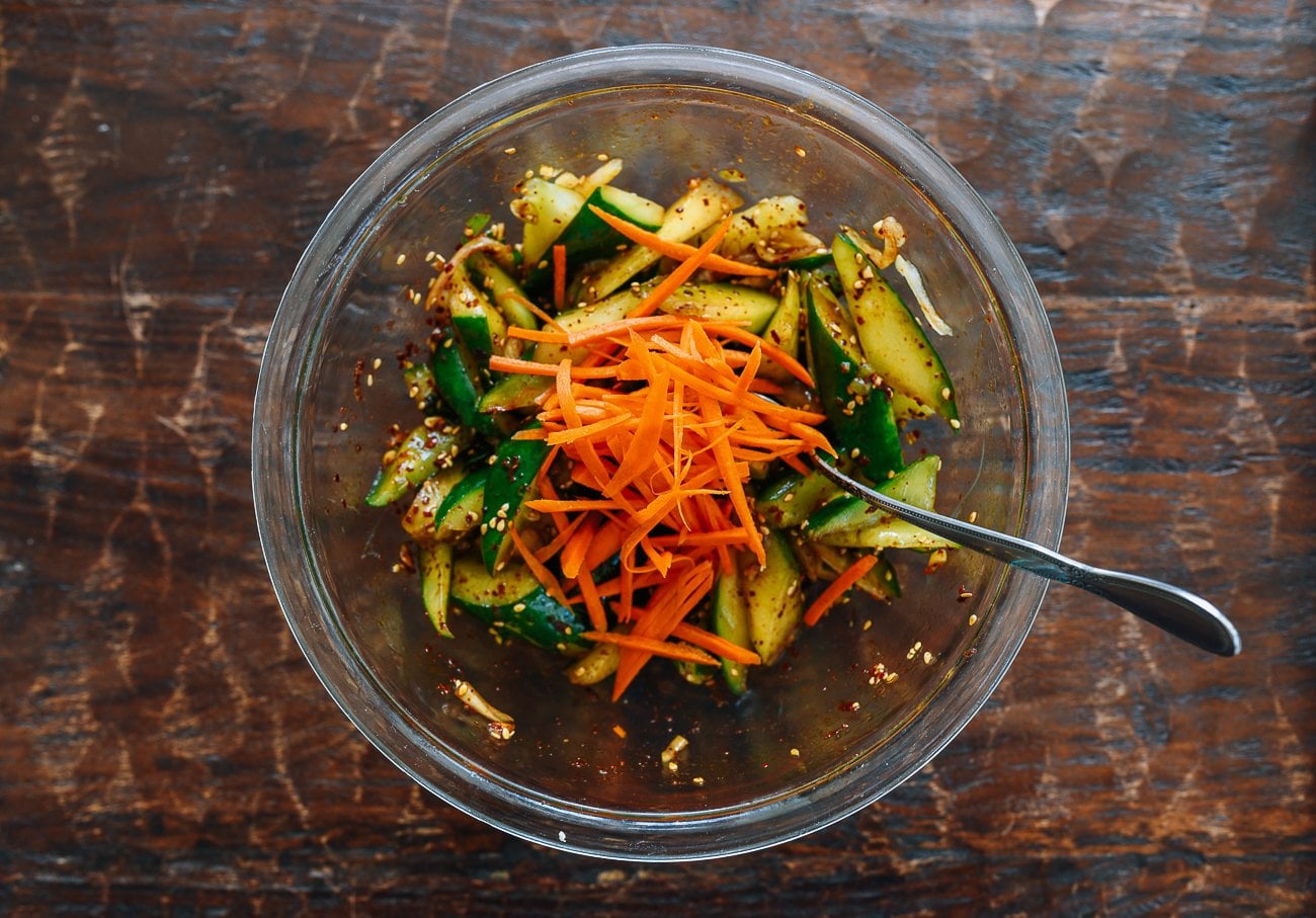 julienned carrot added to cucumber