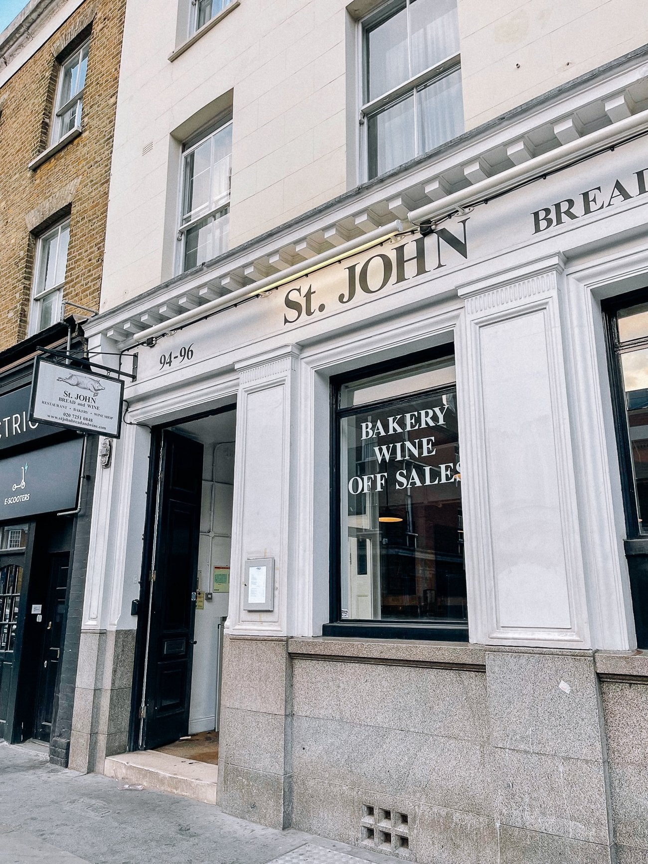 St. John's Bread & Wine restaurant white exterior with black sign
