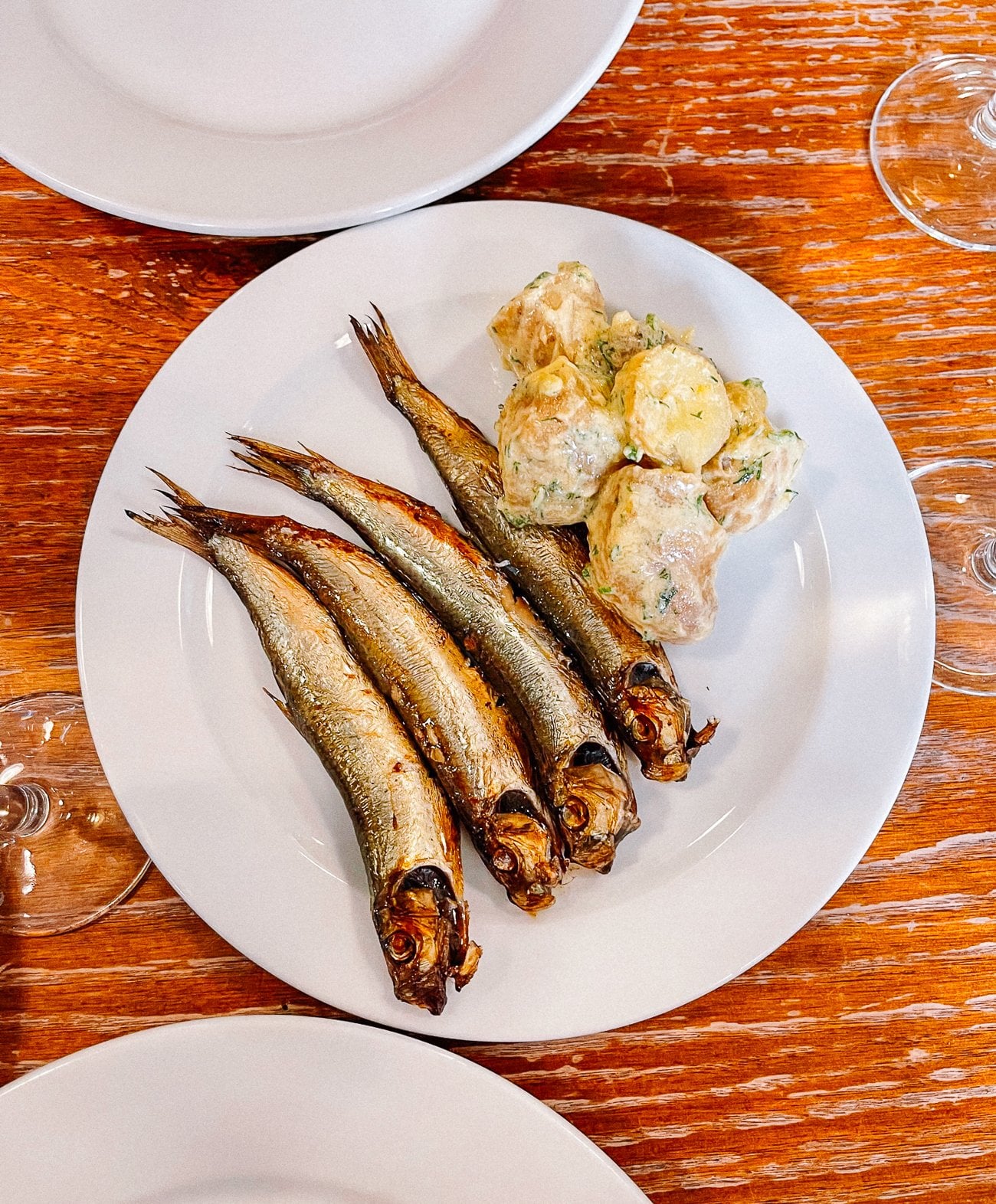 Fried smoked fish and potato salad