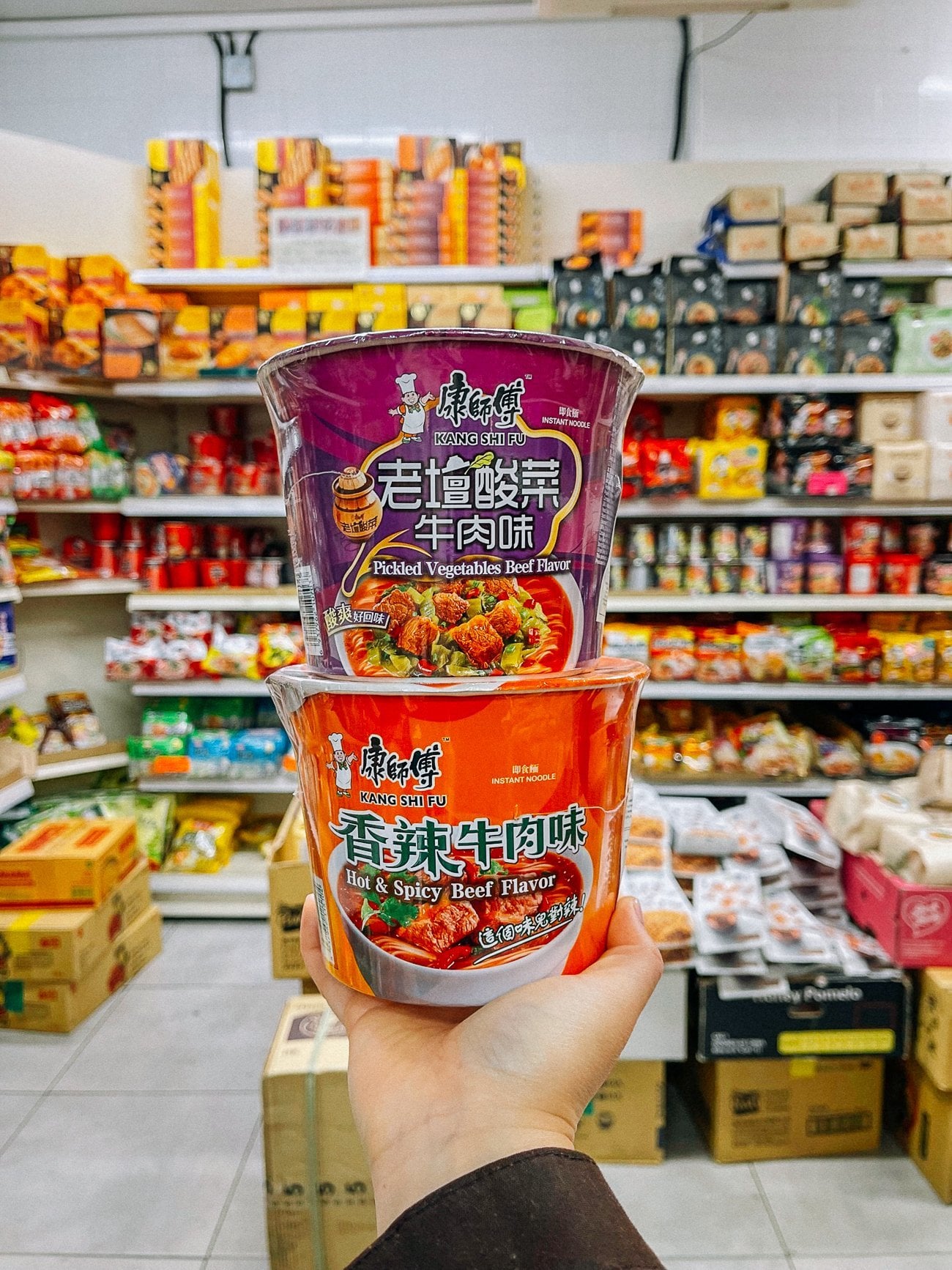 Kang Shifu instant noodle cups at London Chinatown mini market