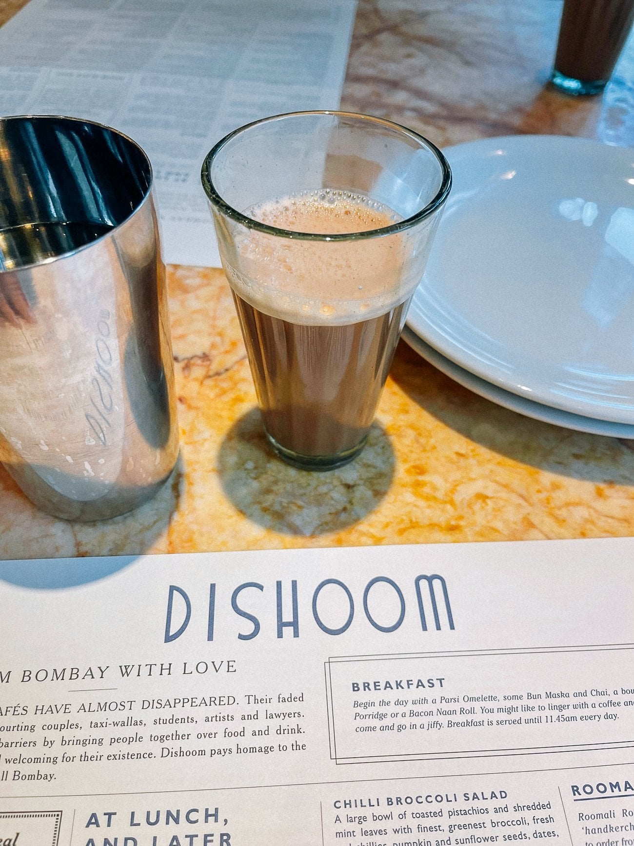 chai tea and menu at Dishoom
