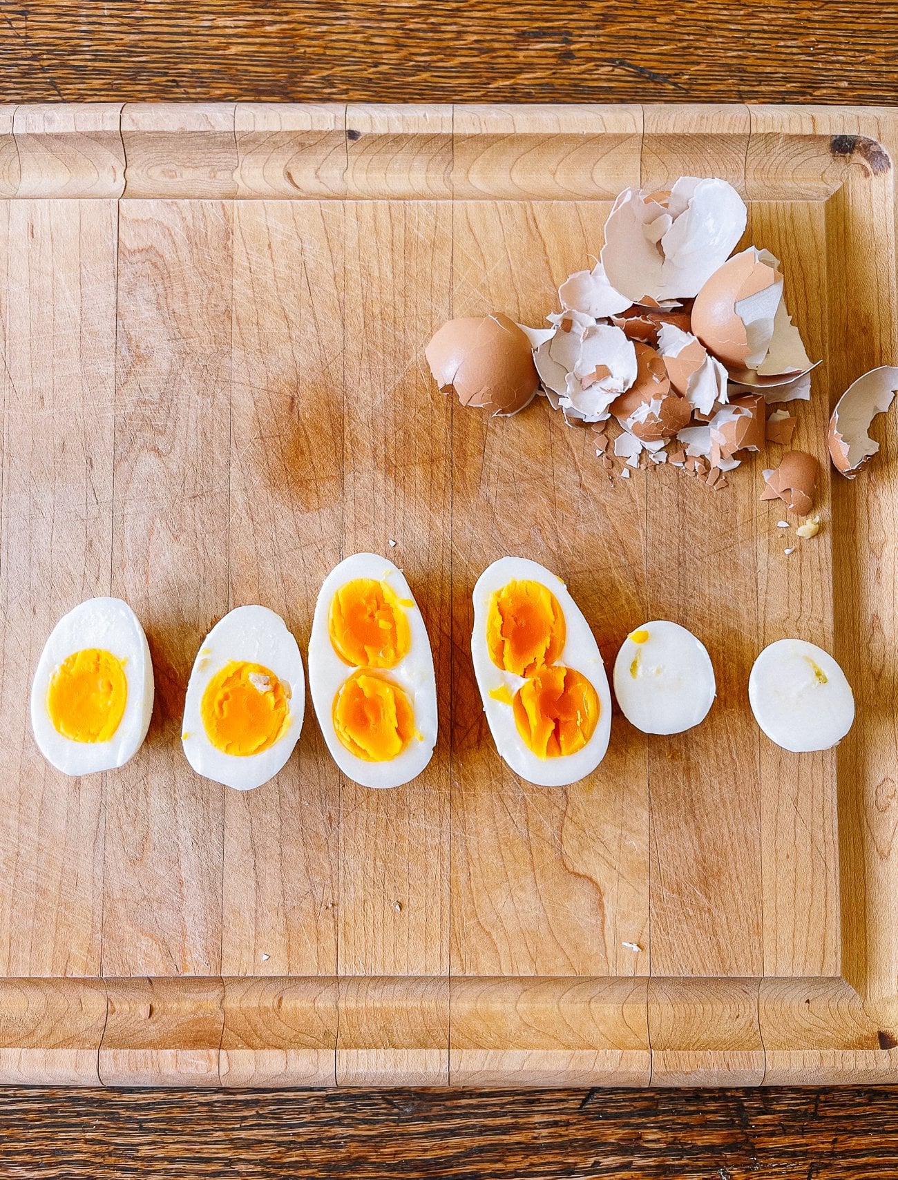 cross-section of hard boiled eggs from young pullets with no yolk or double yolk