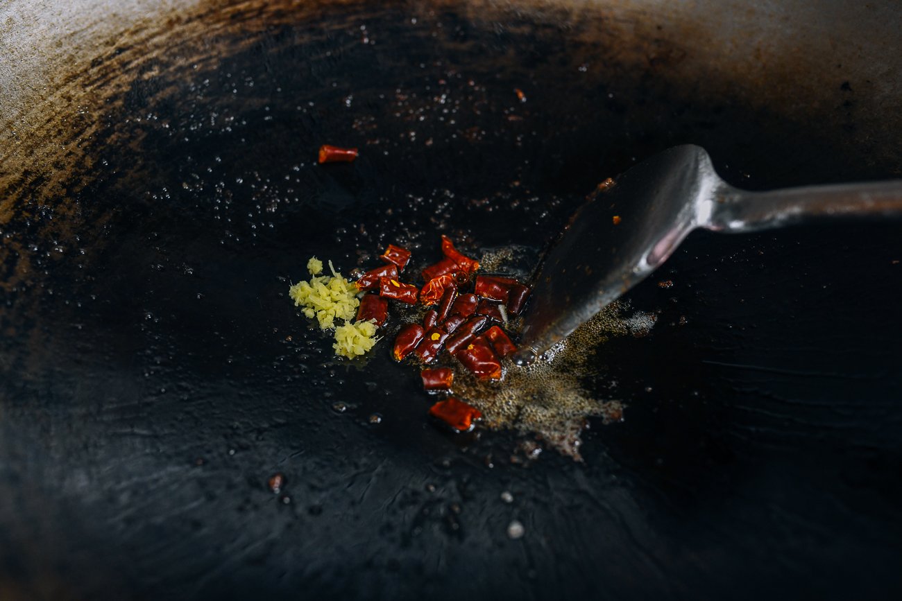 ginger and chilies in wok