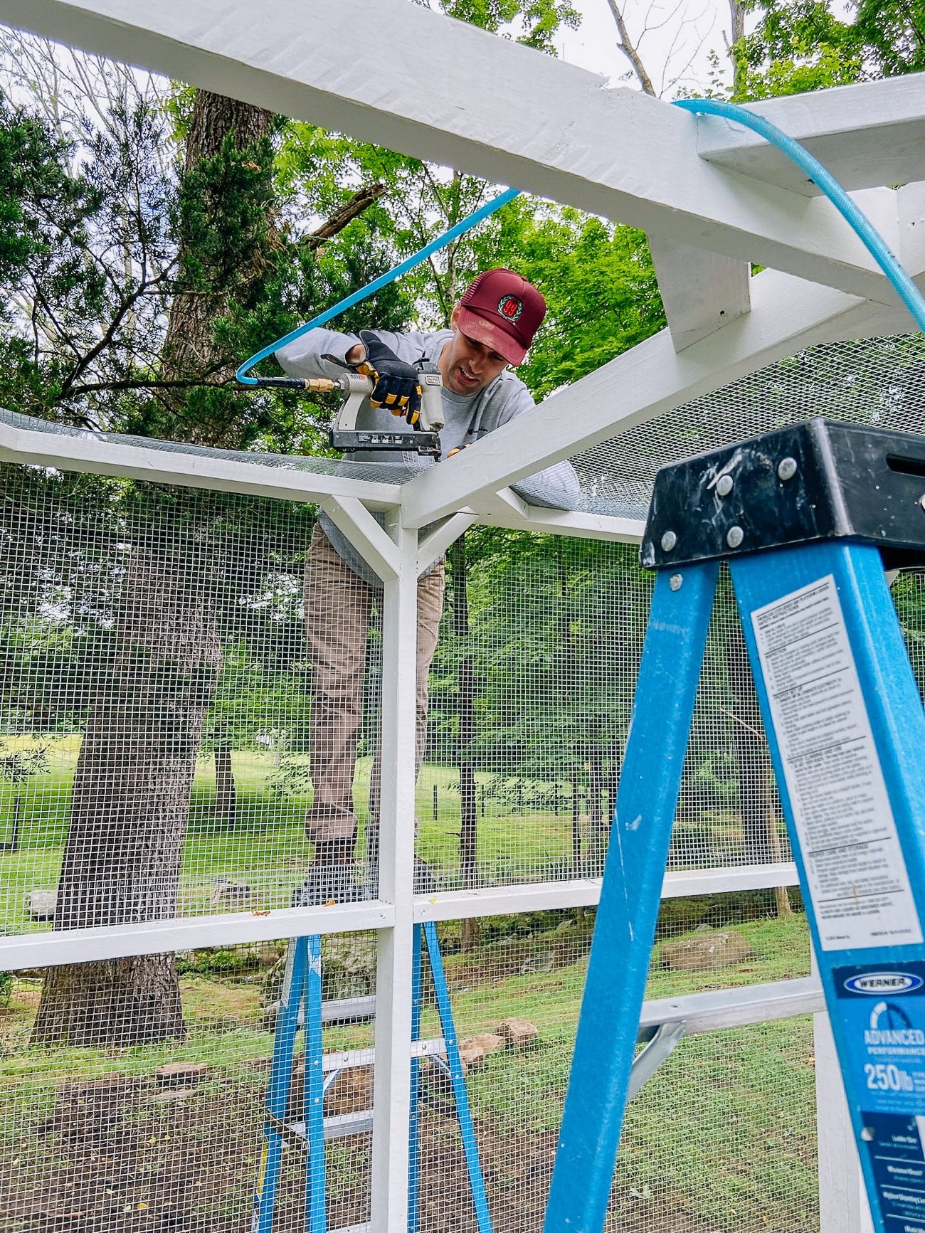 stapling hardware cloth onto duck run