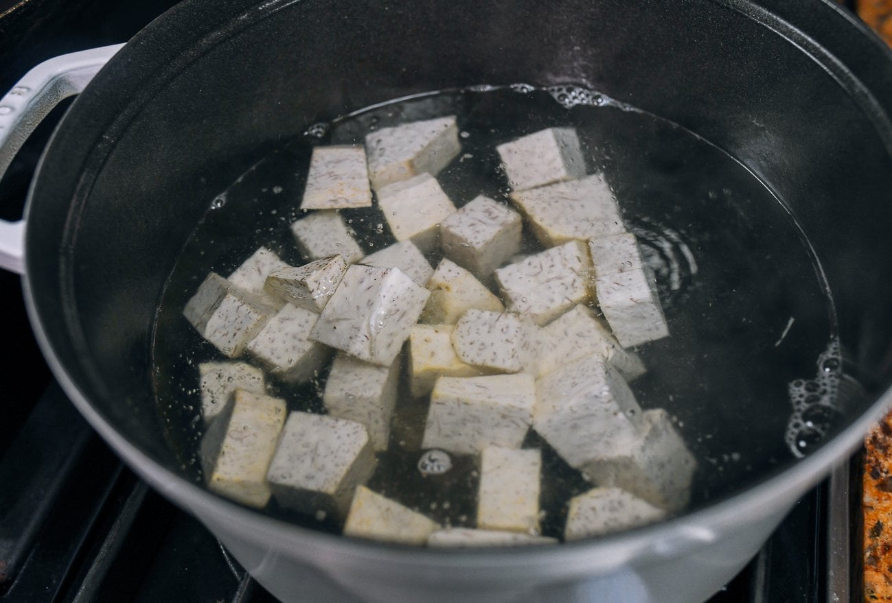cubed taro in water