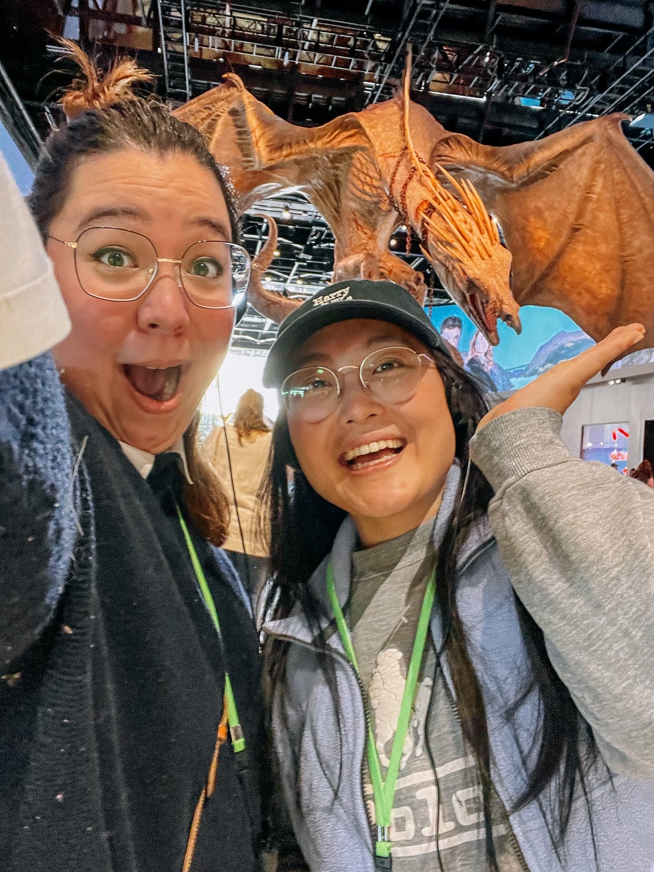 Kaitlin and Kim posing with the Gringott's dragon