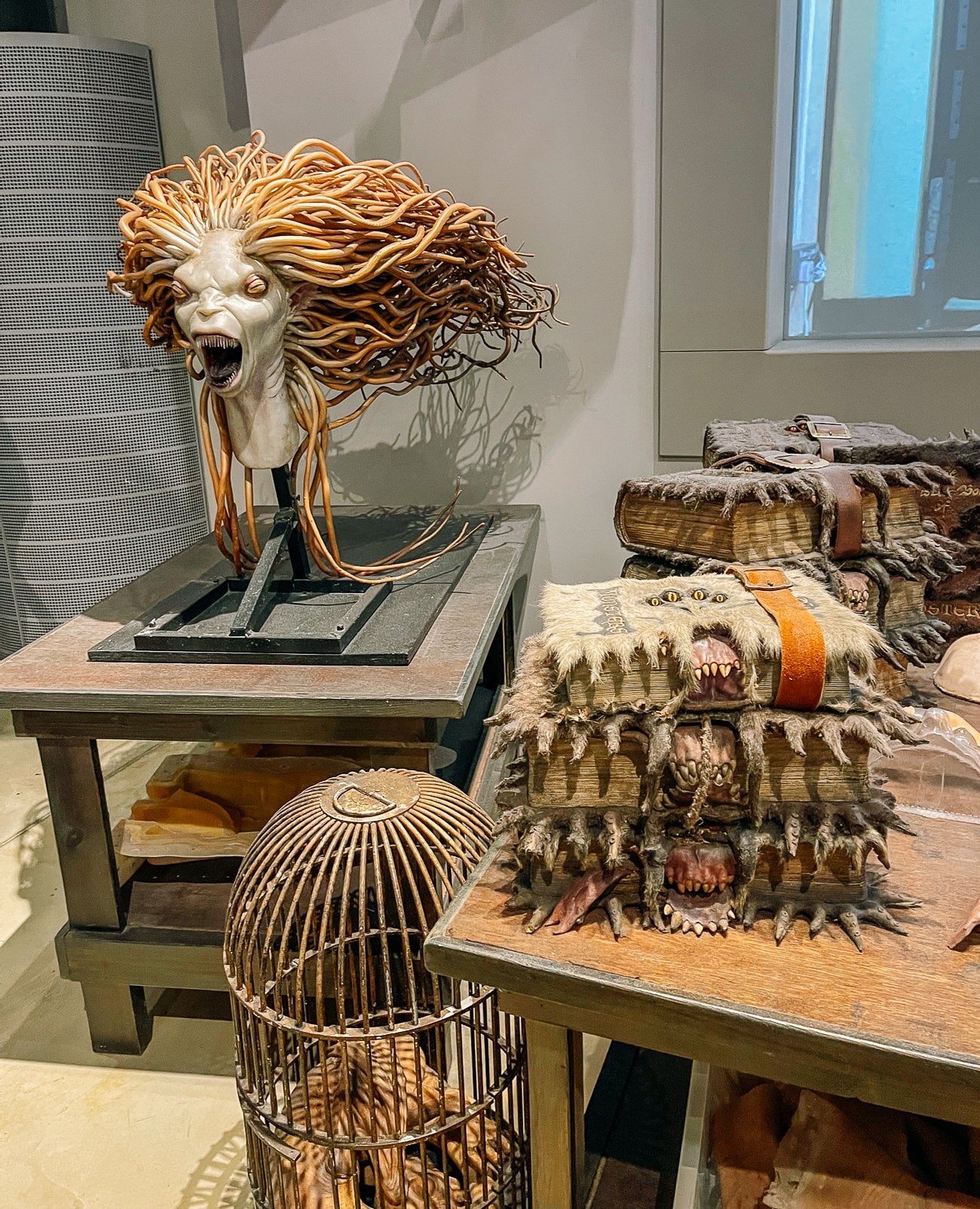 Harry Potter studio tour props: merwoman head and Fantastic beasts textbook