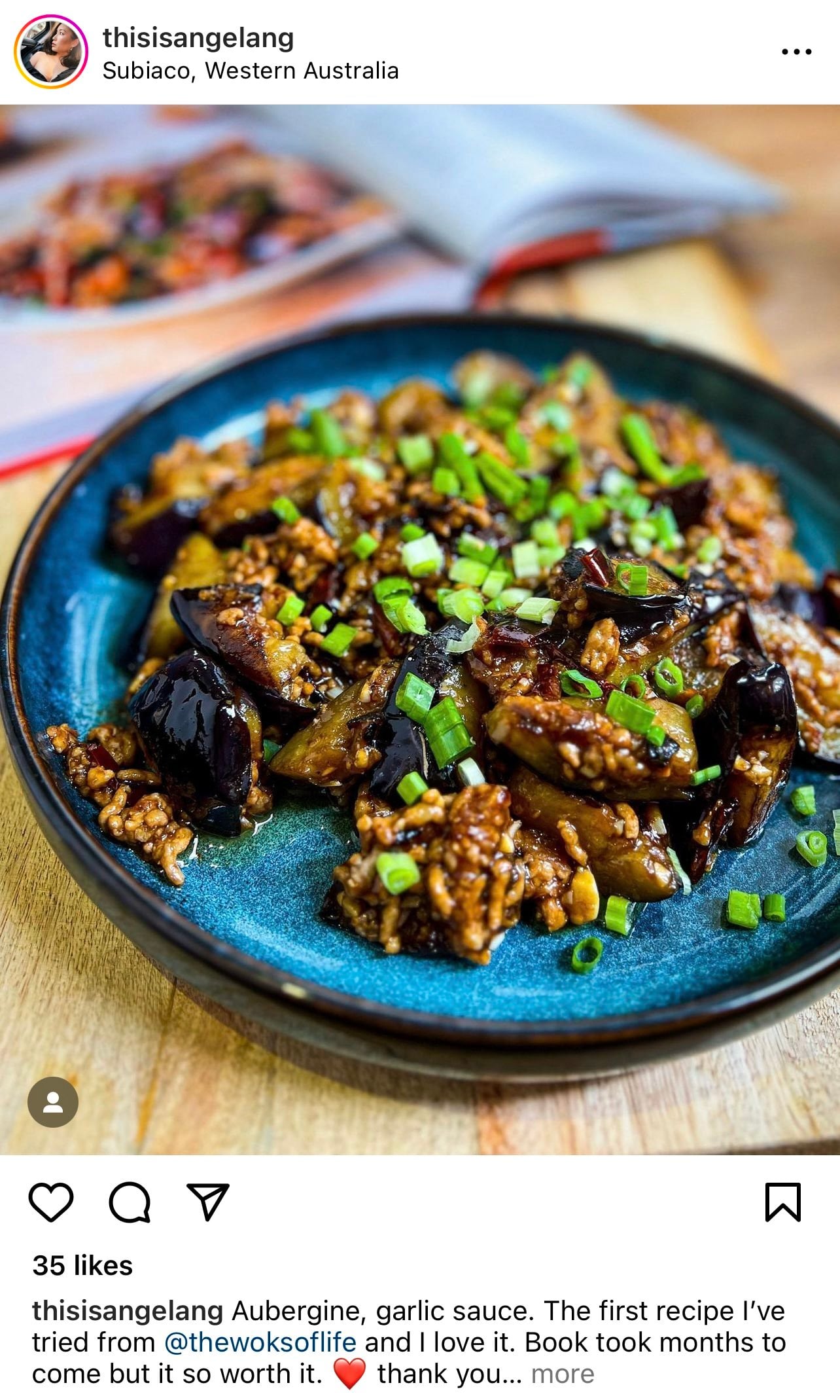Instagram post of Eggplant with Garlic Sauce from The Woks of Life Cookbook
