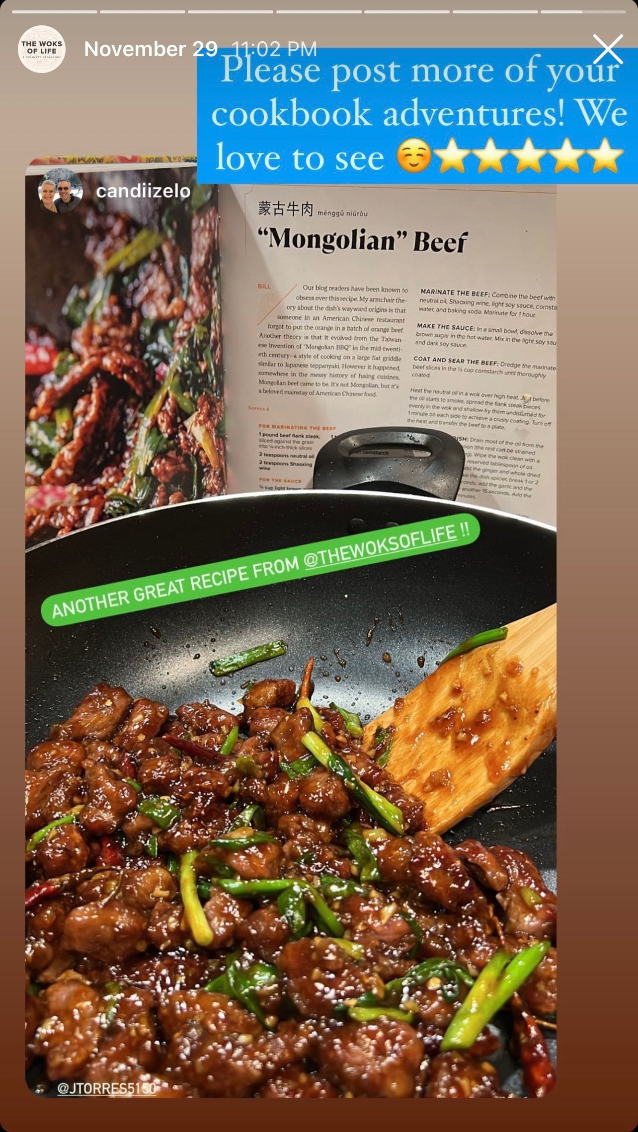 Instagram story of a reader making Mongolian Beef from cookbook
