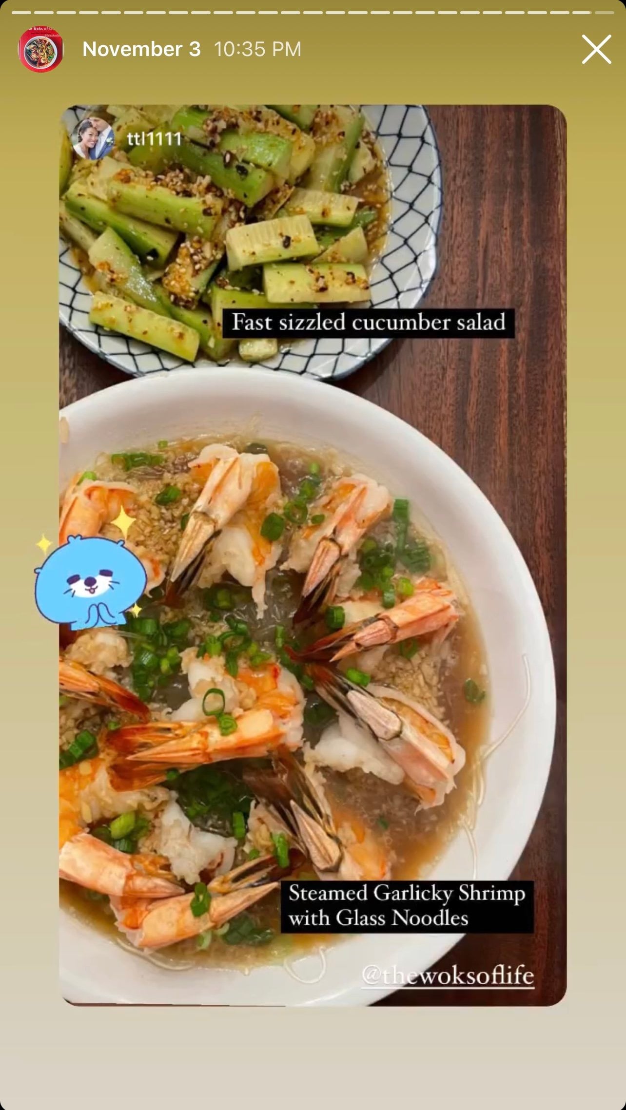 Cucumber Salad and Steamed Shrimp on Instagram