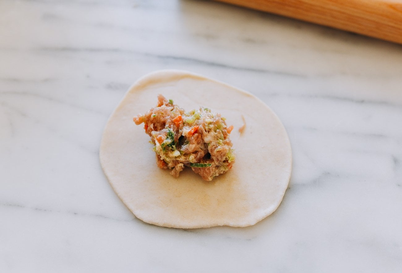 pork and celery filling on homemade dumpling wrapper