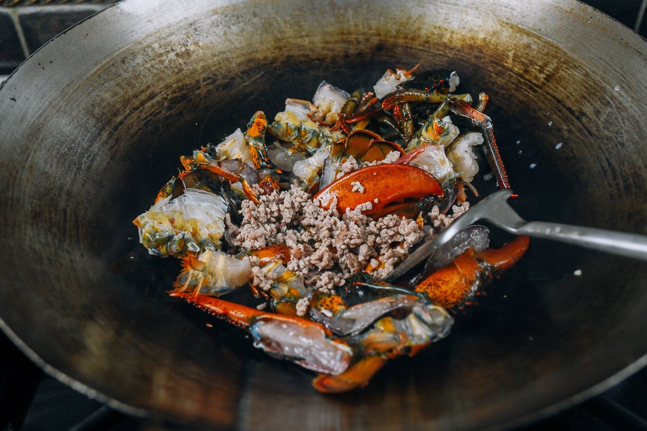 lobster in wok with ground pork