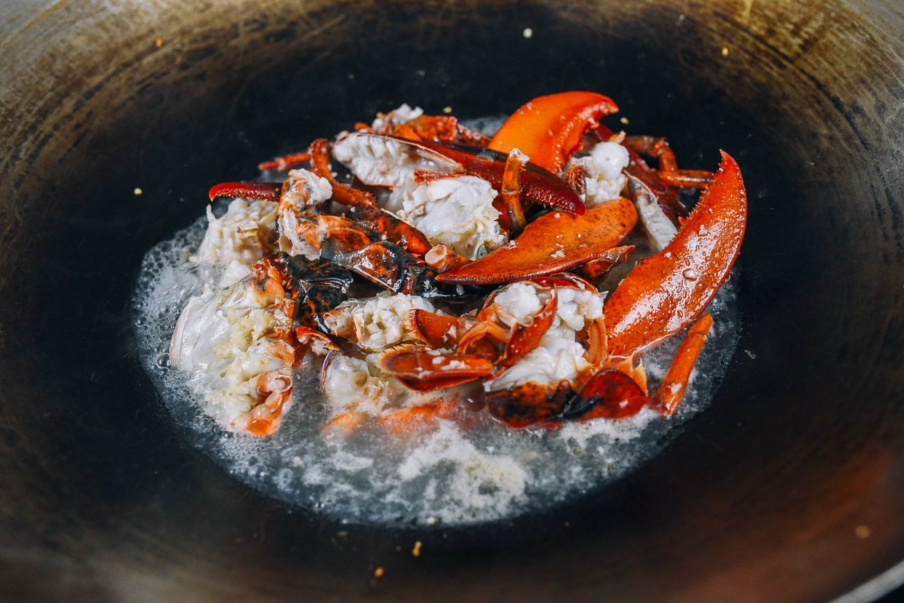 lobster gathered in center of wok