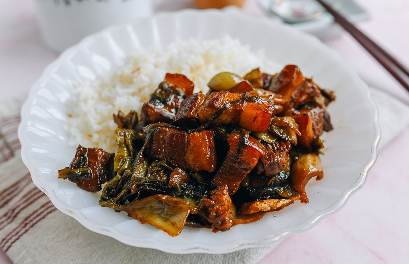 Chinese braised pork belly with sour pickled mustard greens over rice