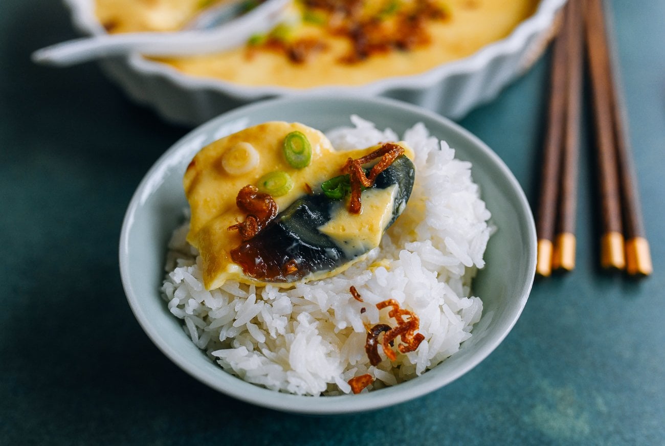 Chinese three colored steamed egg with white rice