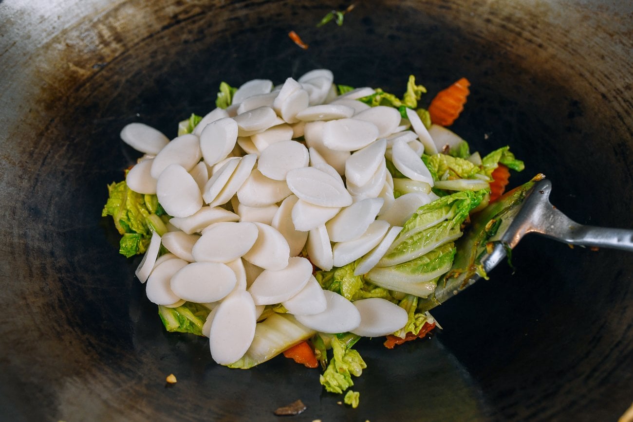 rice cakes added to wok