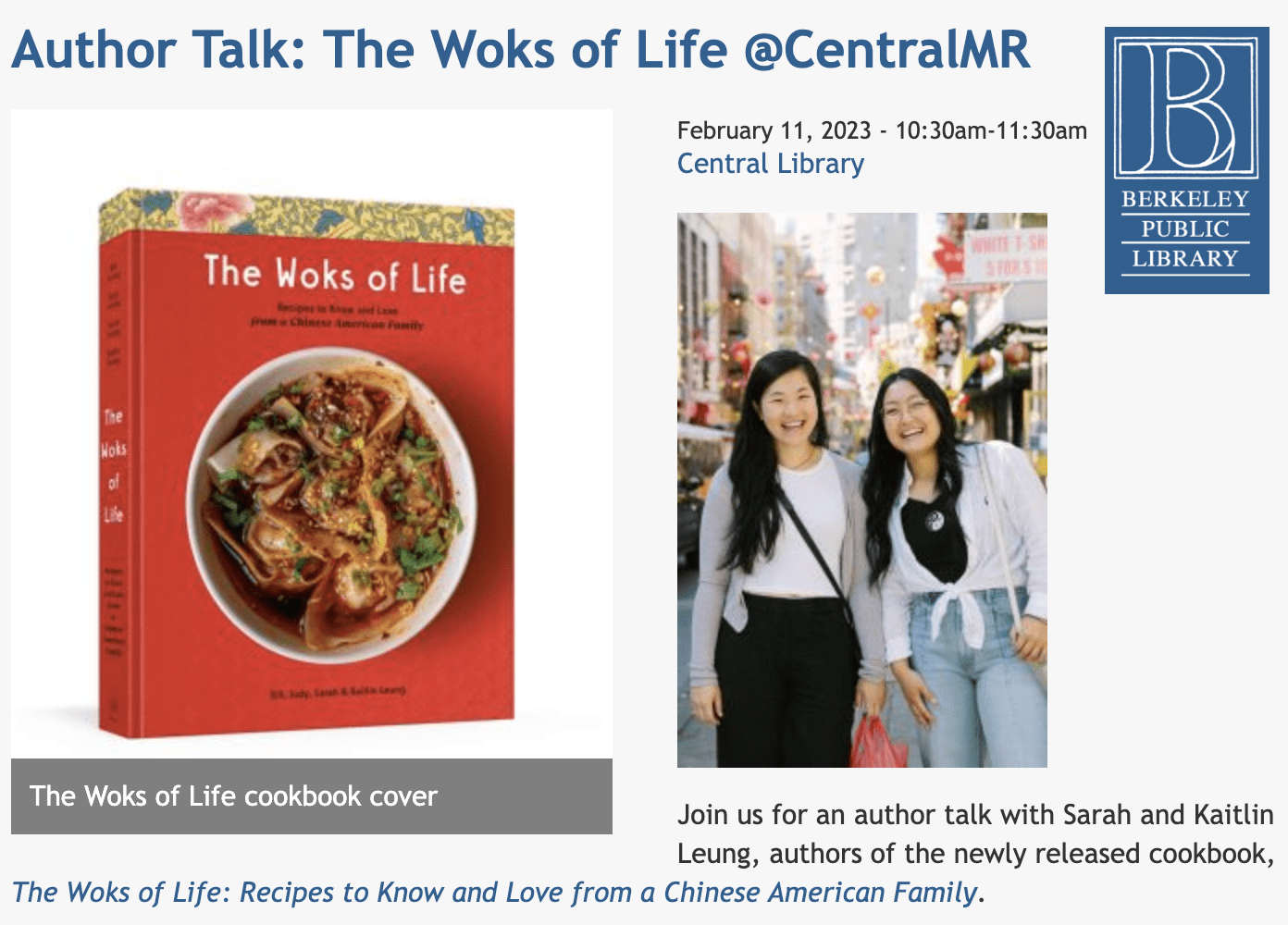 Berkeley Public Library Woks of Life event info
