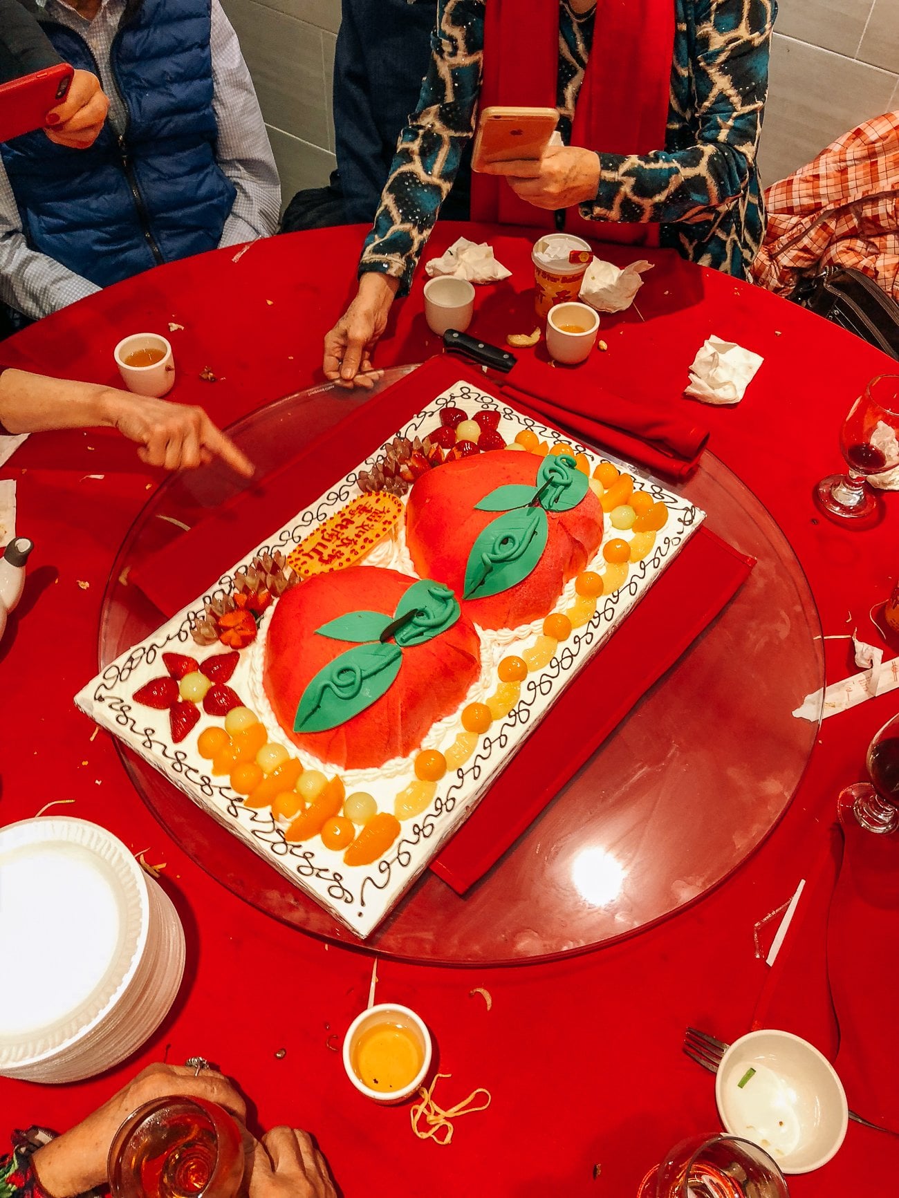 Peach shaped cakes for Chinese elder's birthday party