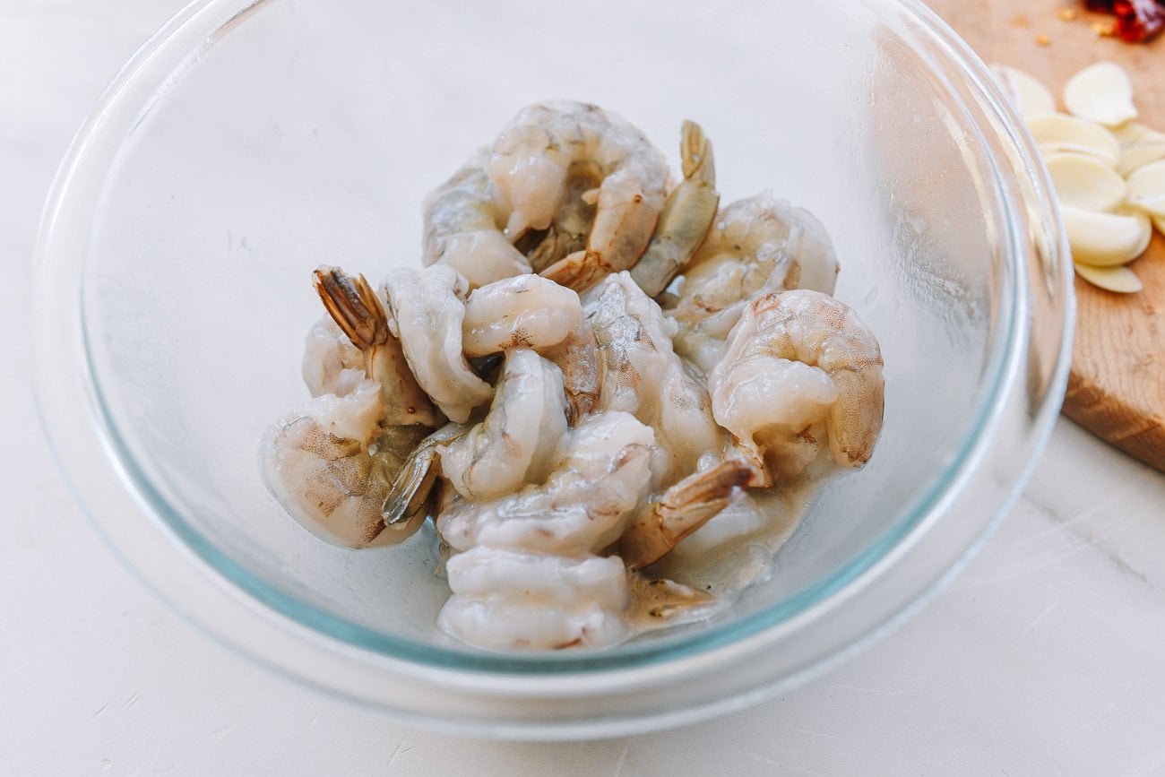 marinated shrimp in glass bowl