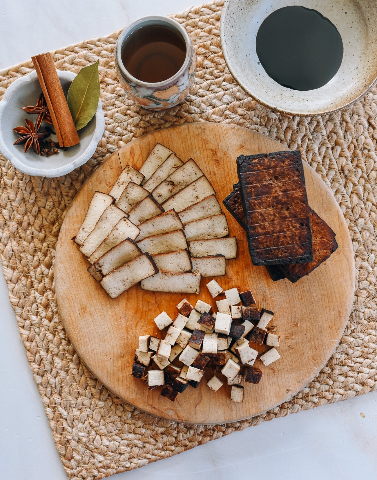 Chinese spiced pressed firm tofu sliced and cubed
