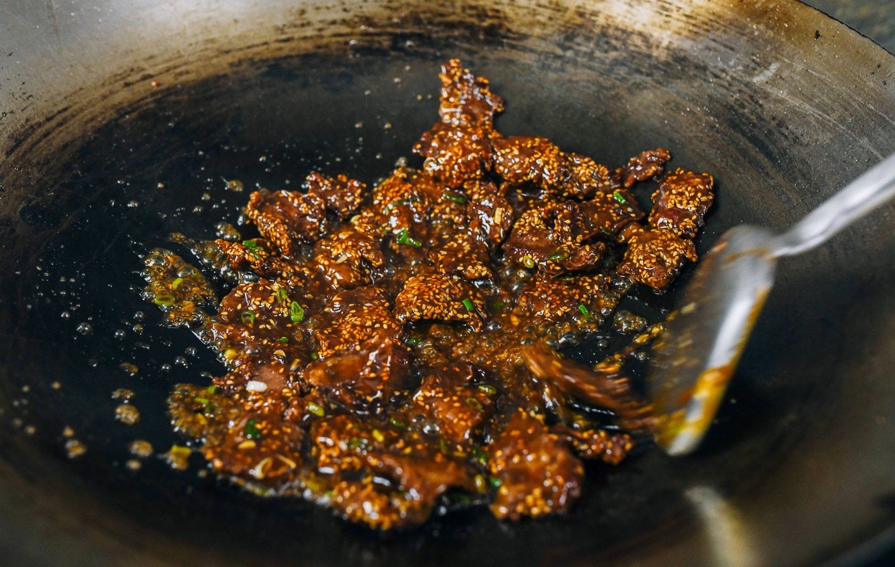 sesame beef in wok