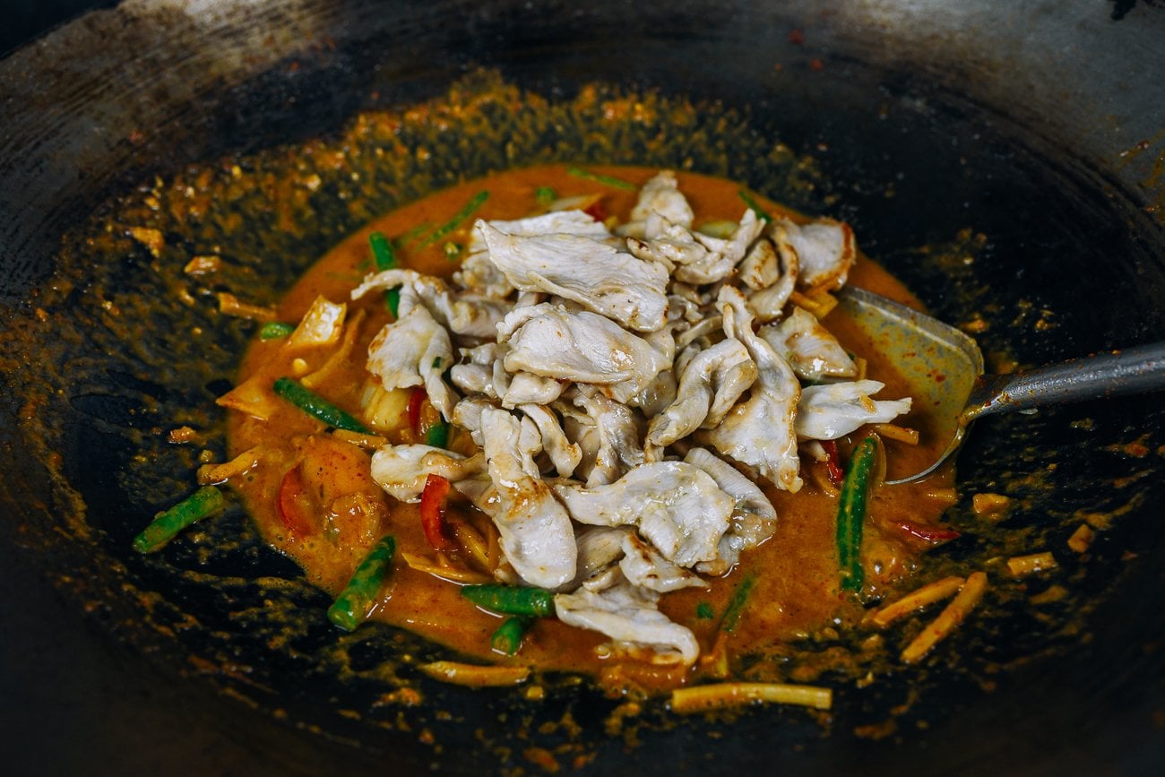 Adding chicken to Thai Red Curry Sauce