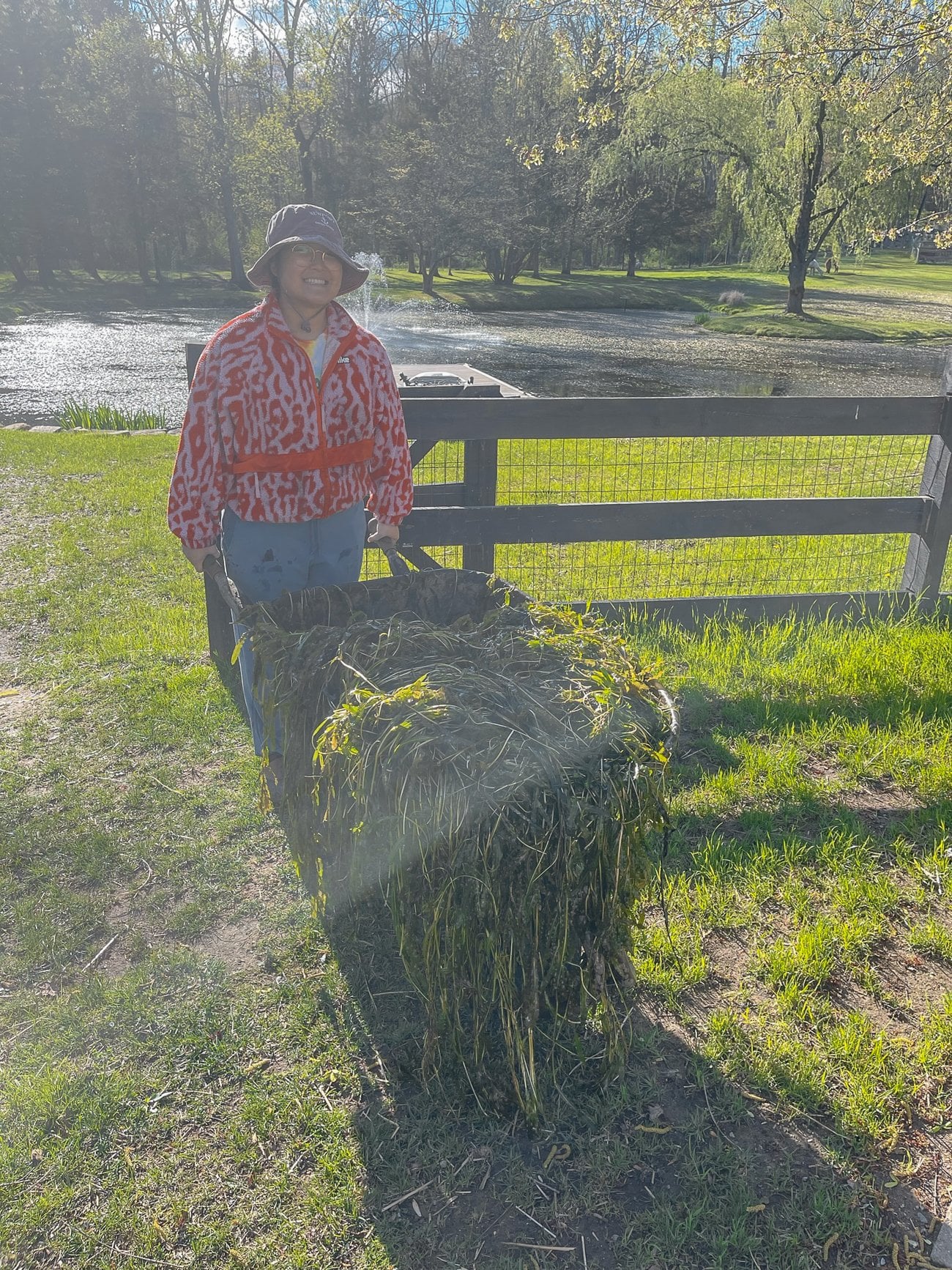 Kaitlin with wheelbarrow of pond weed