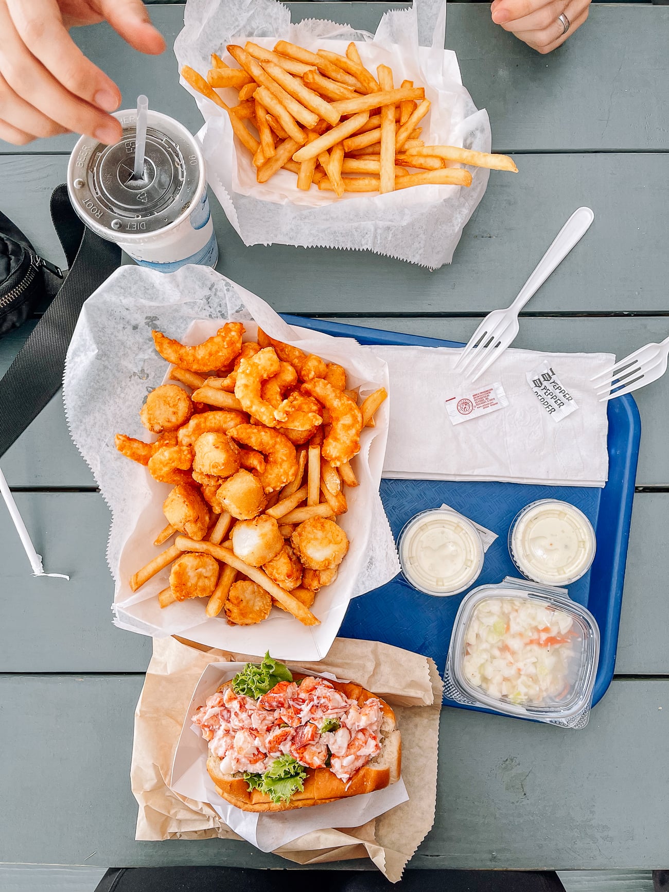 harraseeket lunch and lobster shrimp and scallop basket, lobster roll, fries