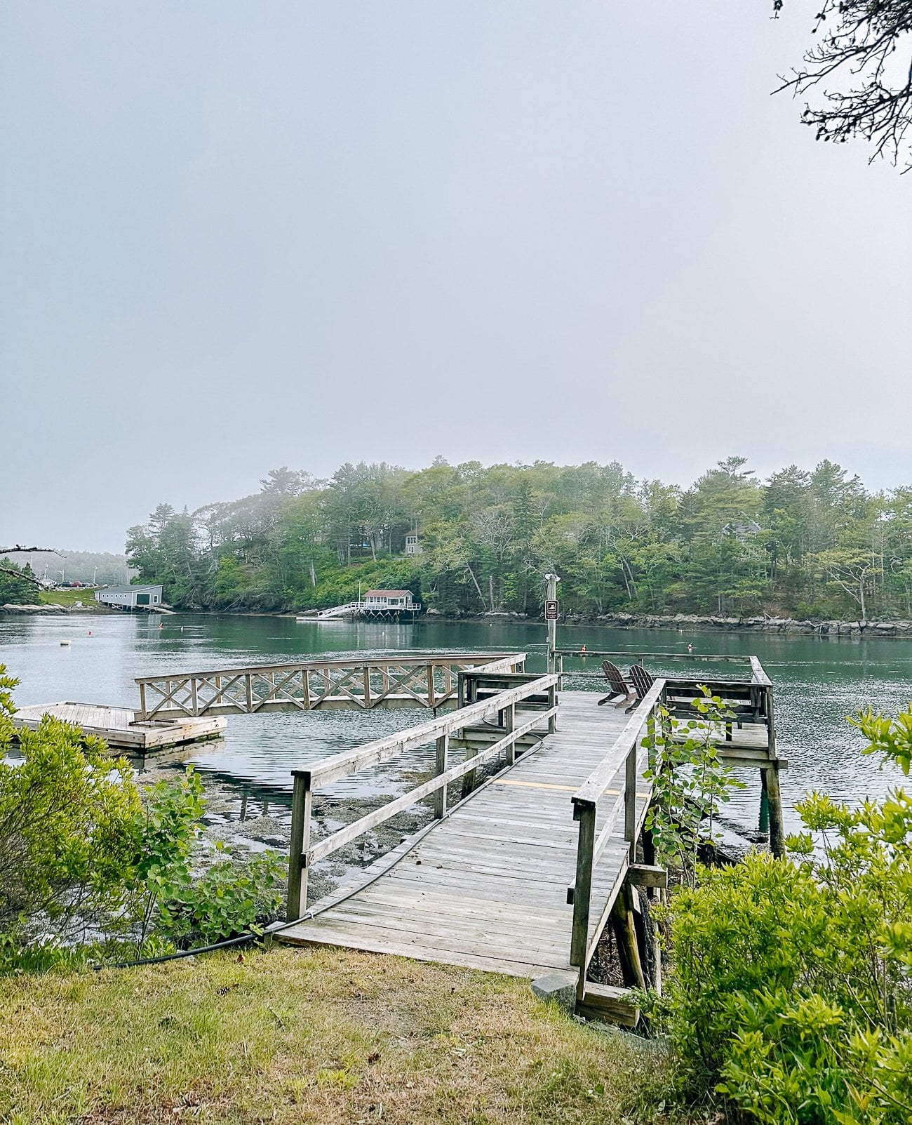 A weathered private dock in Southport, Maine