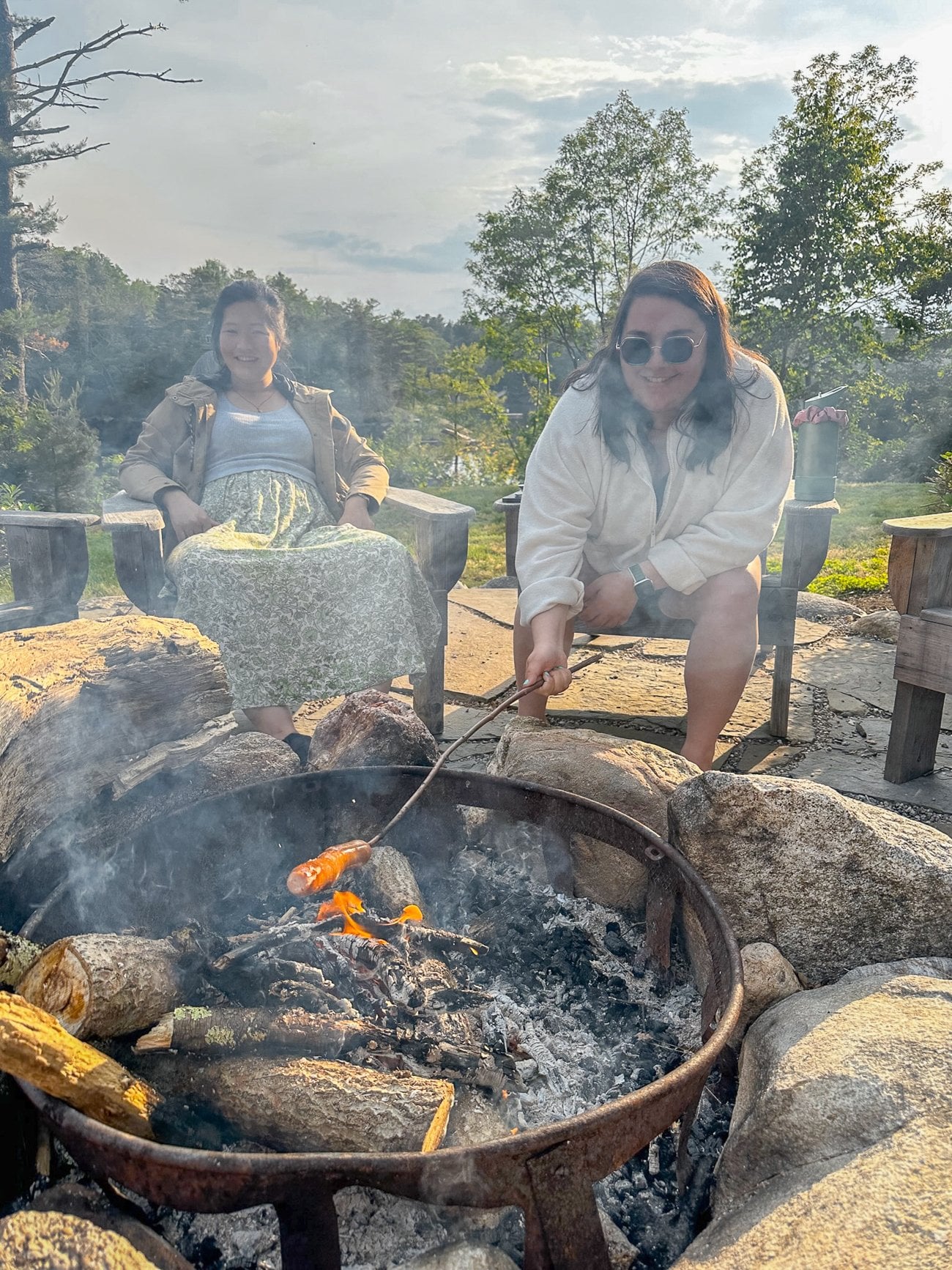 Roasting hot dogs by the fire