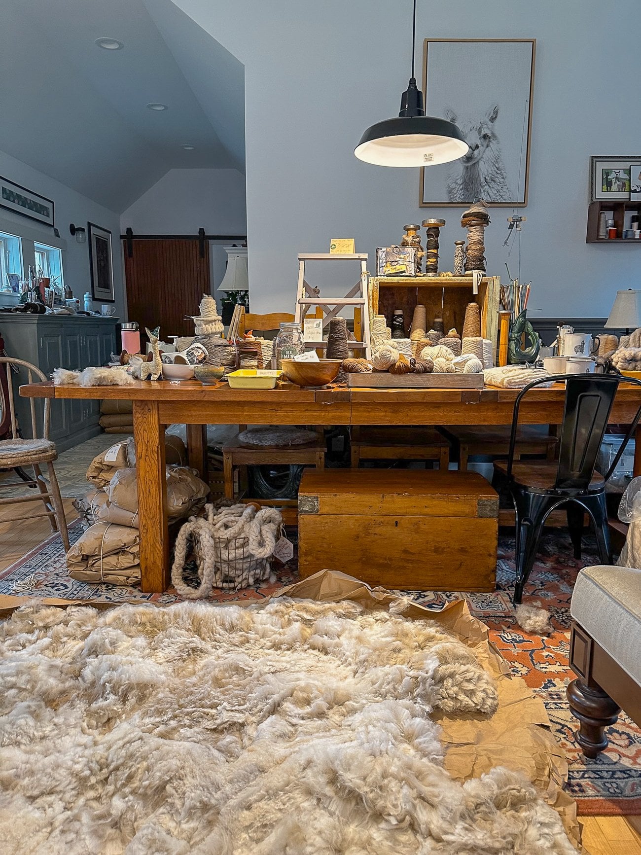 alpaca fiber laid out on the floor of a yarn shop