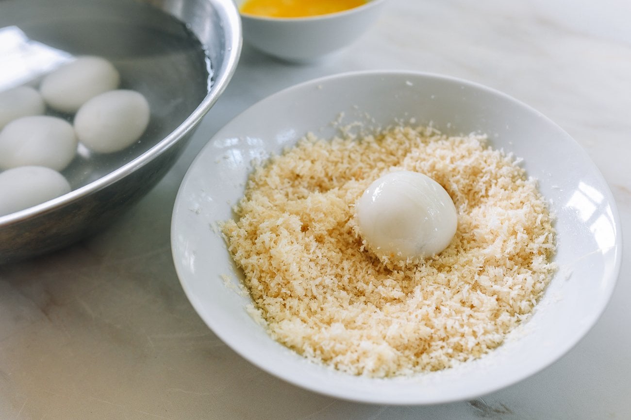 coating tang yuan in panko coconut mixture