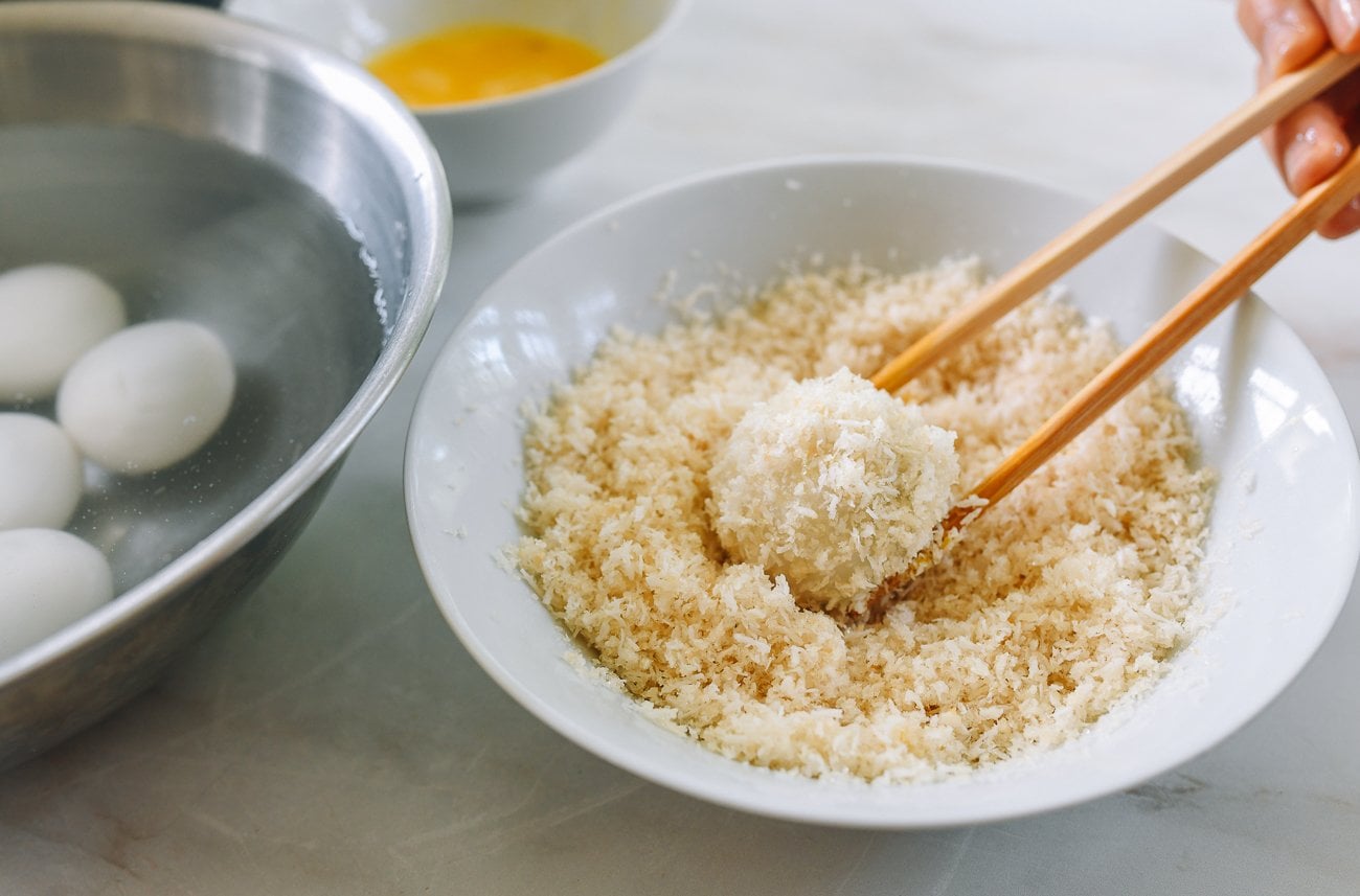 coating tang yuan in panko coconut mixture