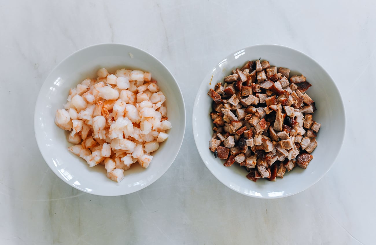 diced Chinese roast pork and cooked shrimp for egg rolls