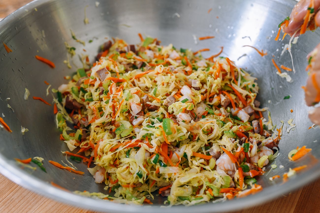 egg roll filling in metal bowl