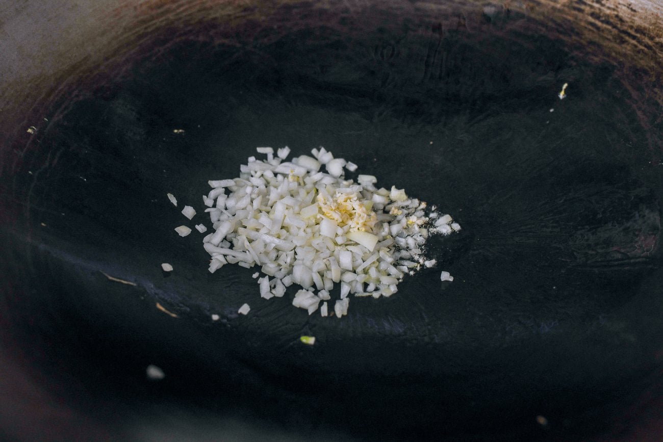 cooking onions in wok