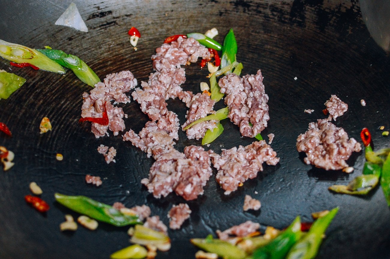 cooking ground pork in wok