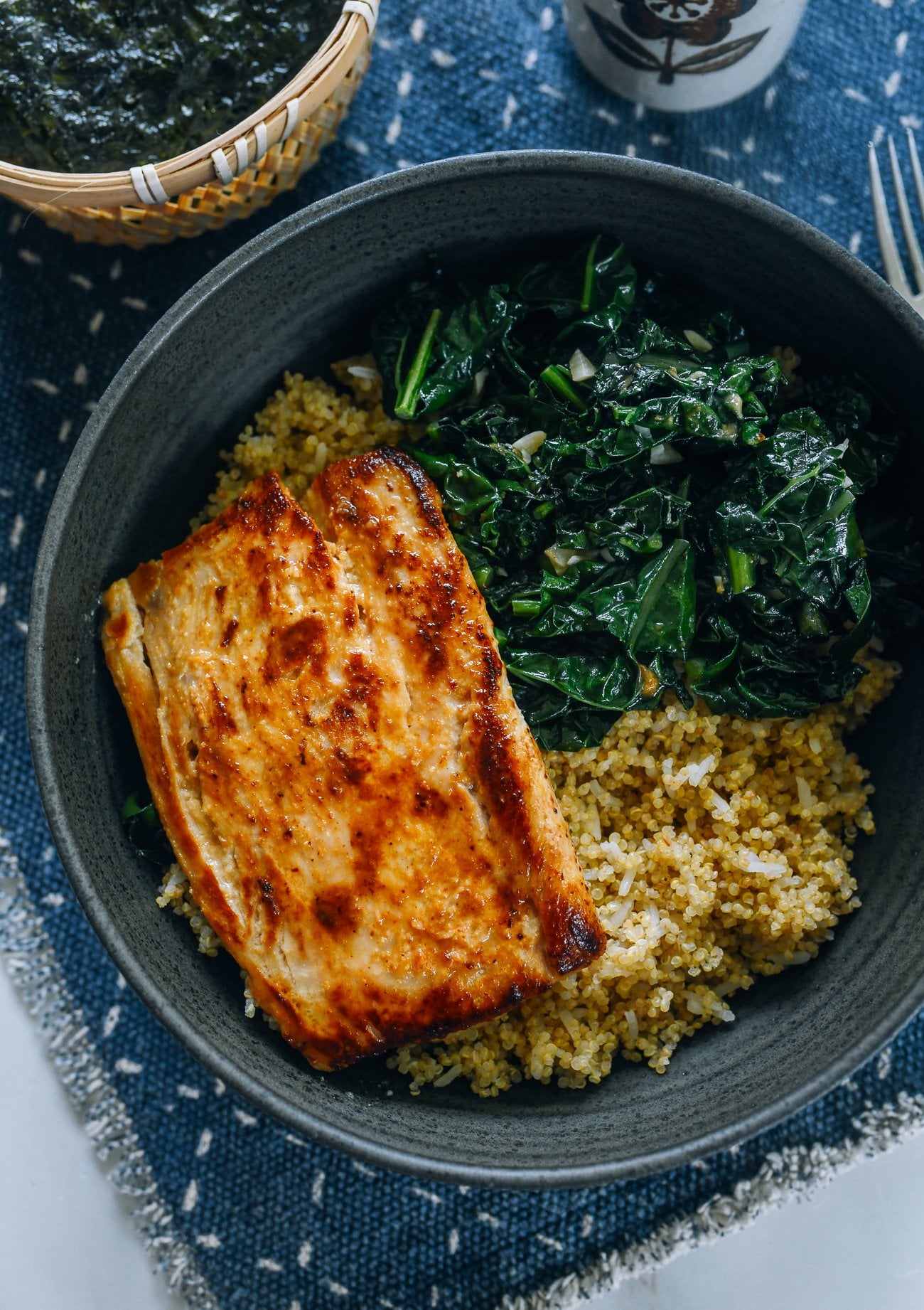 Miso Fish served over quinoa with kale