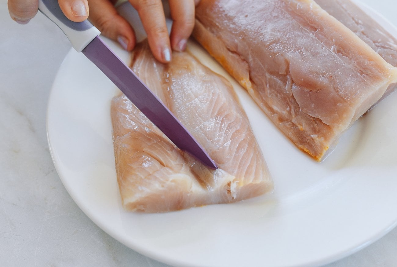 cutting cross hatches in mahi mahi fillets