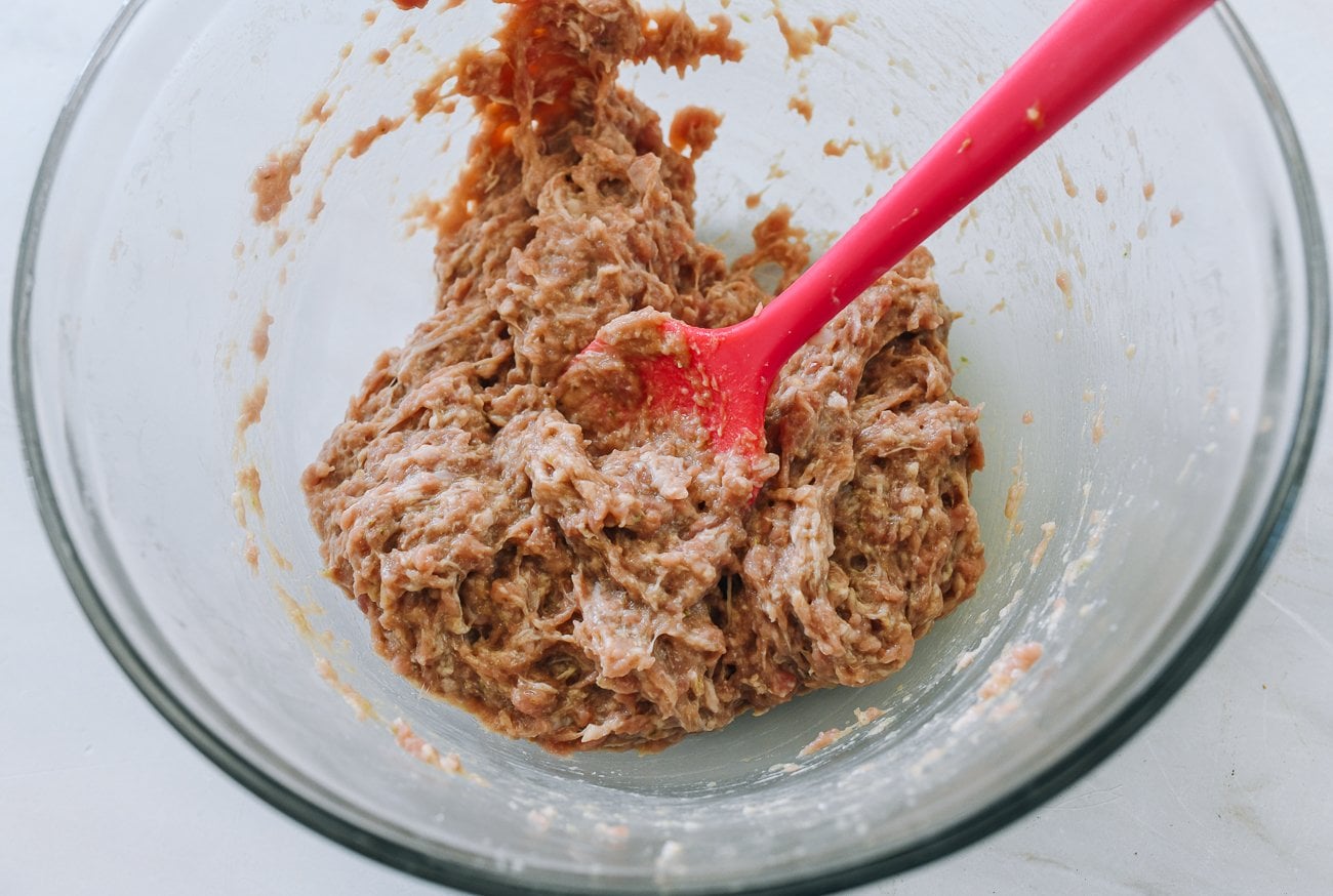 ground pork in mixing bowl with scallion ginger puree