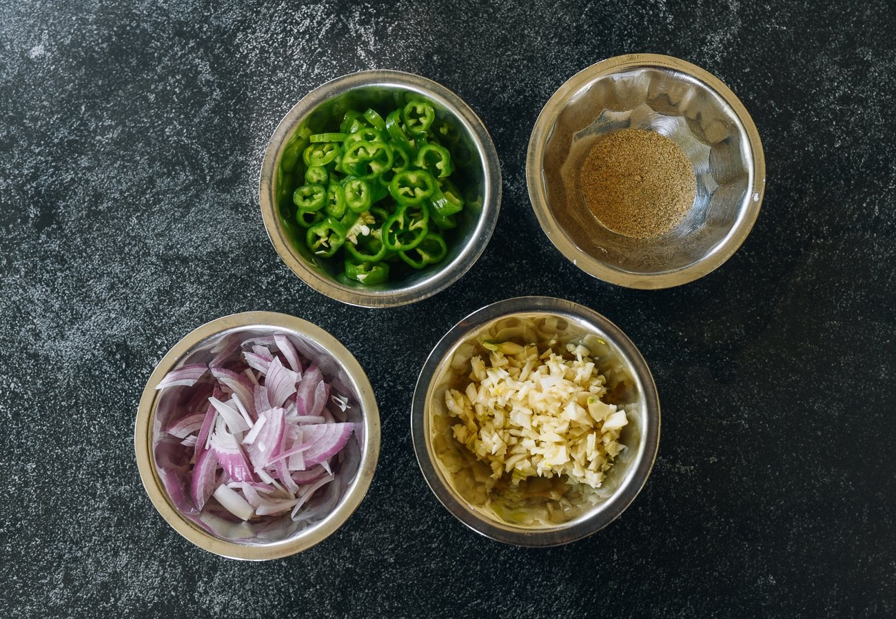 peppers, shallots, garlic, and white pepper seasoned salt