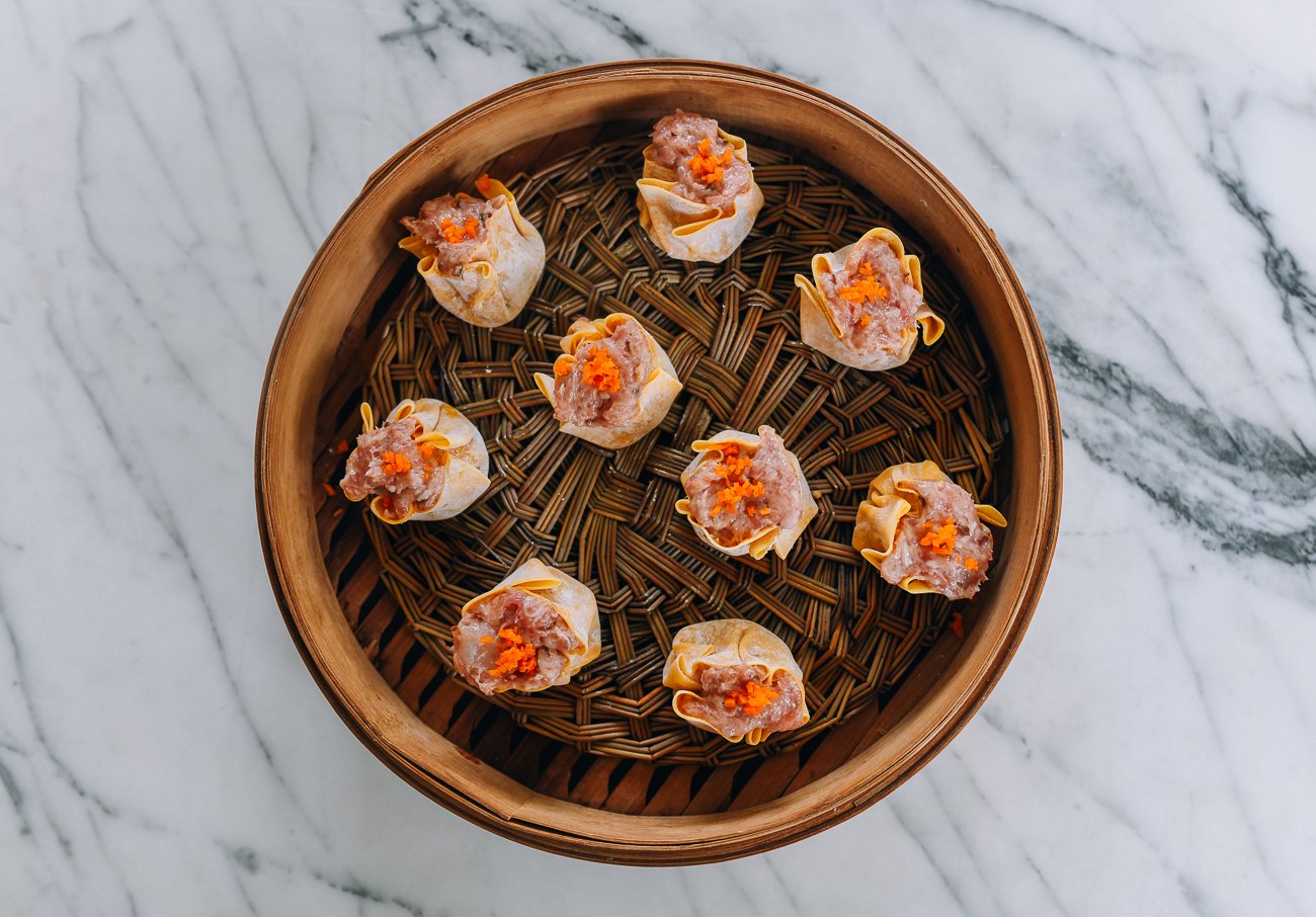 assembled siu mai in bamboo steamer