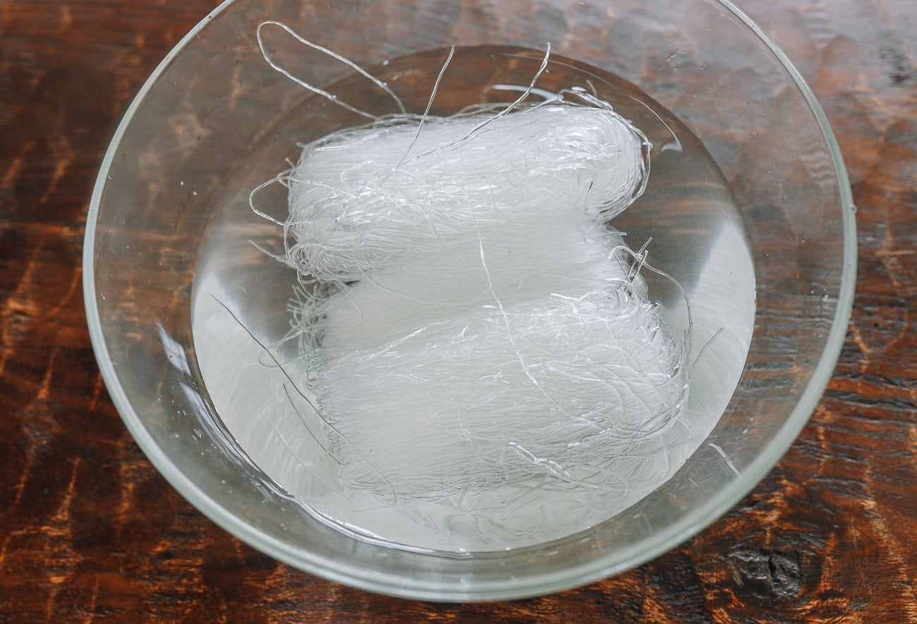 soaking mung bean glass noodles in water