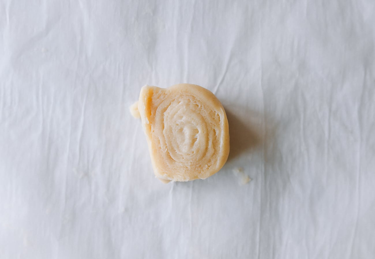 cut piece of dough with swirls facing up