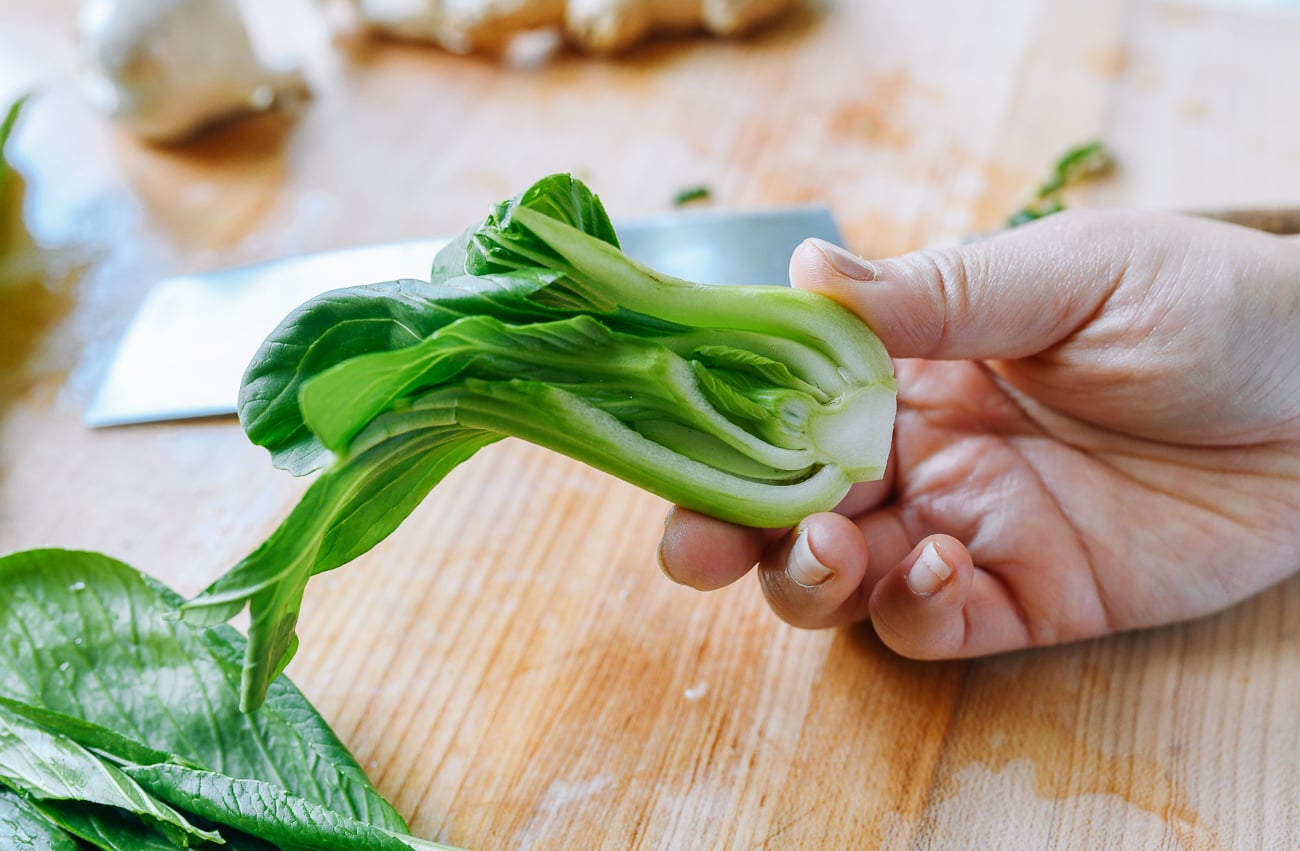 halved piece of Shanghai baby bok choy