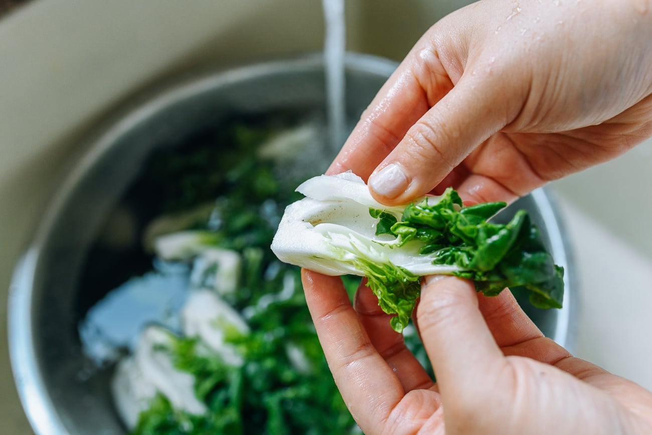 washing dwarf bok choy