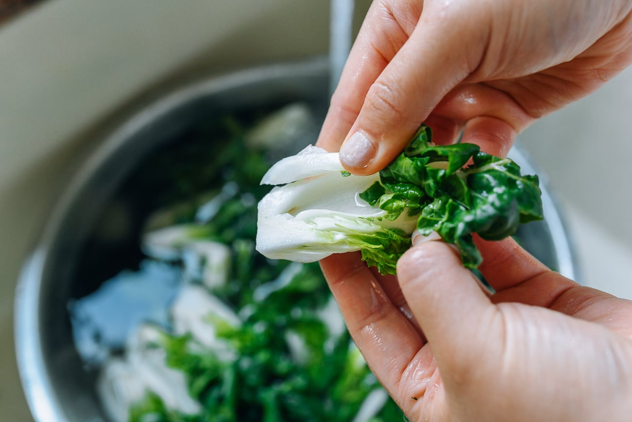 washed piece of dwarf bok choy
