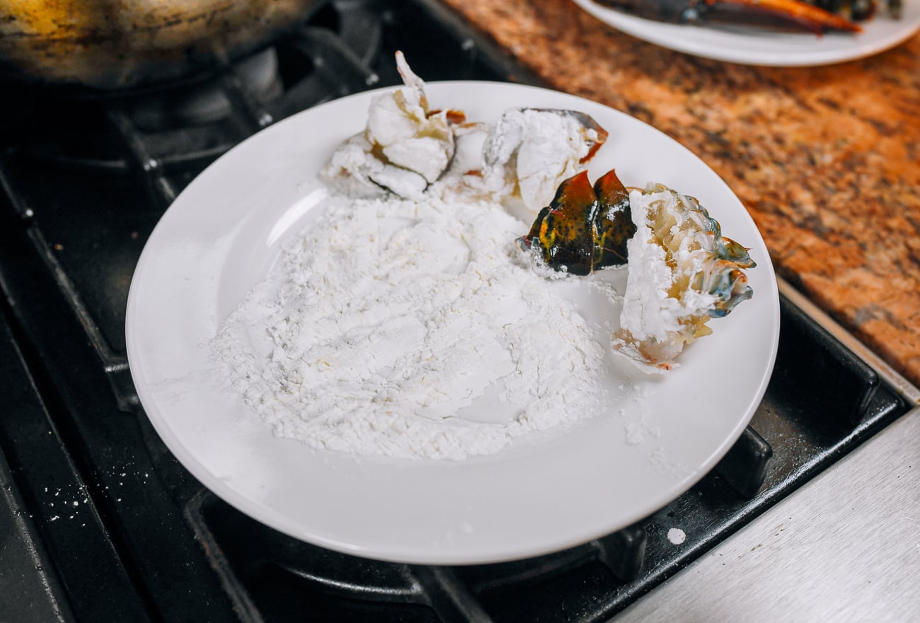 dredging lobster pieces in flour and cornstarch